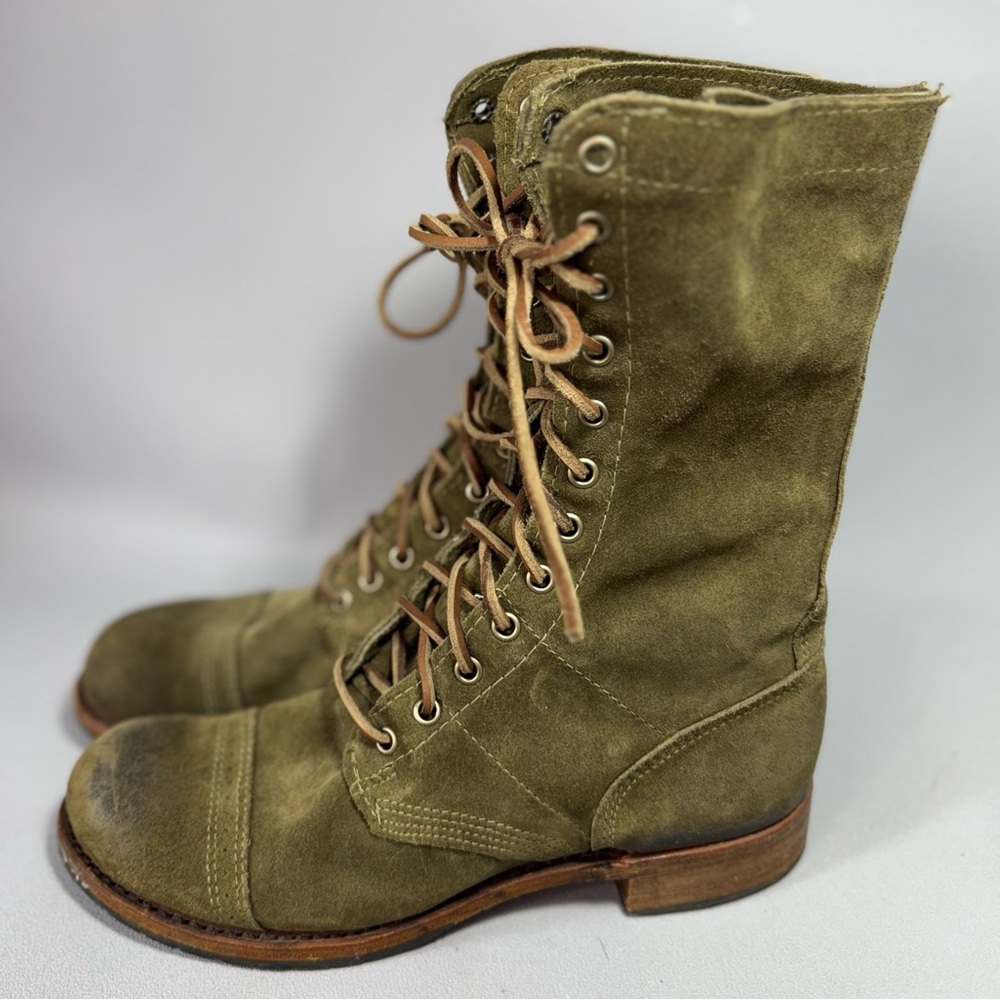 WALK-OVER VINTAGE COLLECTION Olive Green Suede Lace-Up Mid Calf Combat Boots - Picture 3 of 15